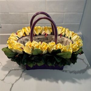 Blooming Baskets by Lisa Yellow Rose Floral Basket Handbag with Purple Handles